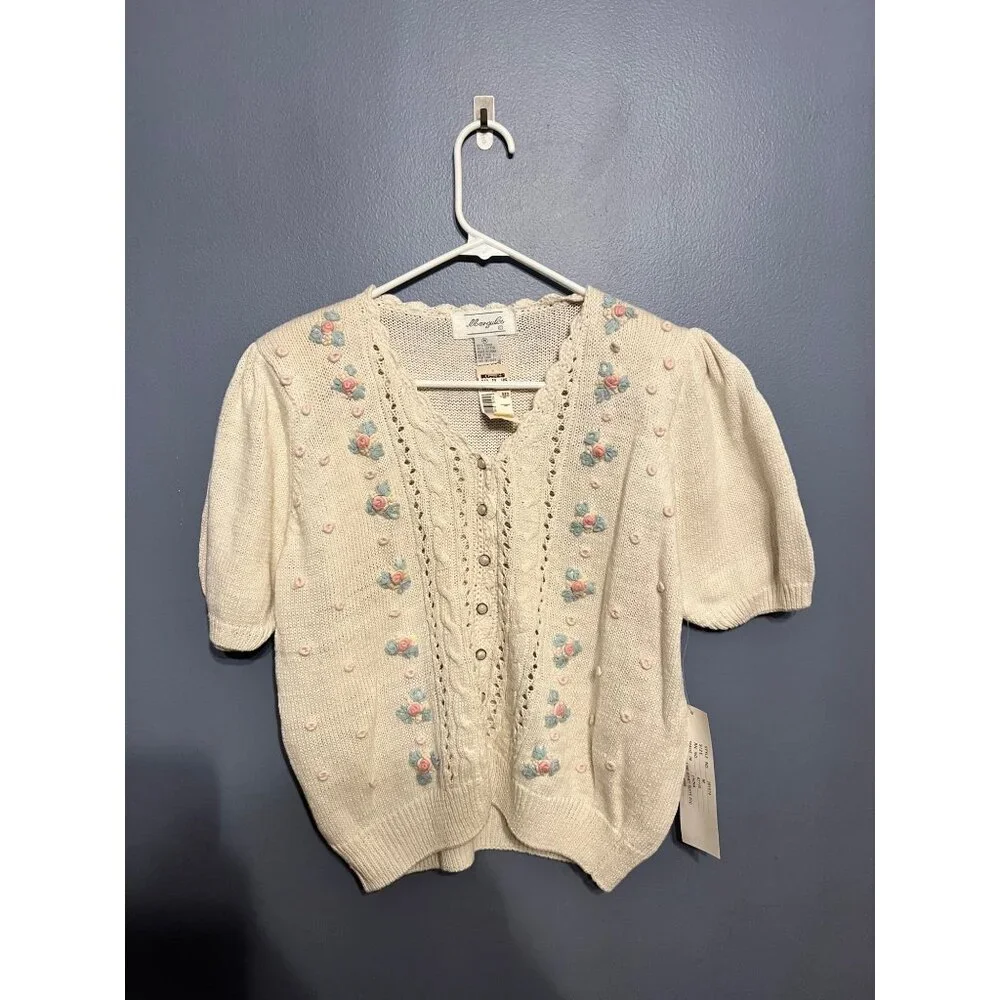 VTG‎ Margules Short Sleeve Embroidered  Cardigan SZ Med Cottage Grannt Core NOS